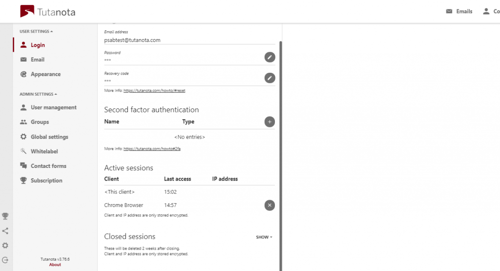 Tutanota email data history