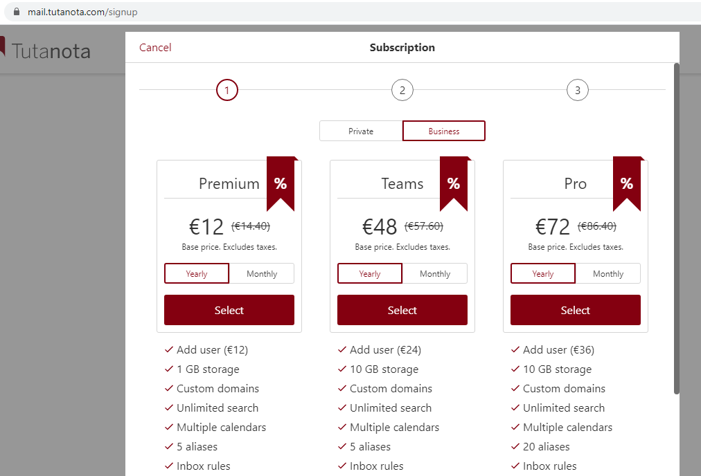 Tutanota three subscription plans