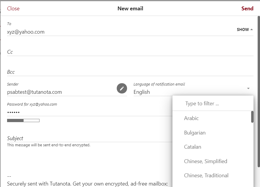 Notification email language change in Tutanota