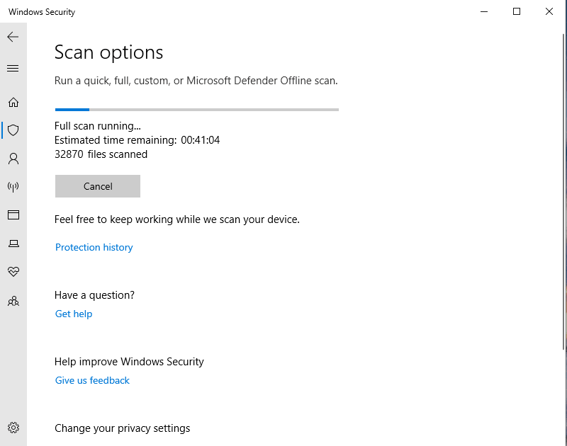 Windows Defender antivirus scan