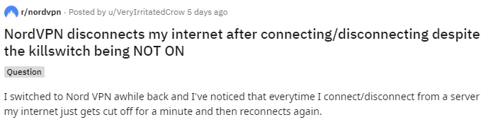 NordVPN's negative Reddit reviews screenshot 1