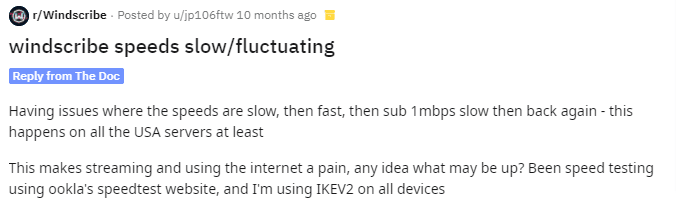 Windscribe's negative Reddit reviews screenshot 1