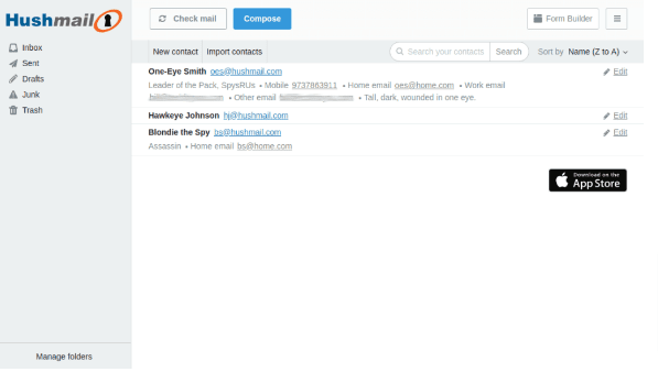 Hushmail contacts screenshot