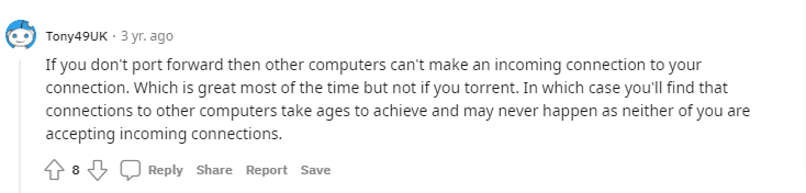 Reddit users comments about port forwarding screenshot 1