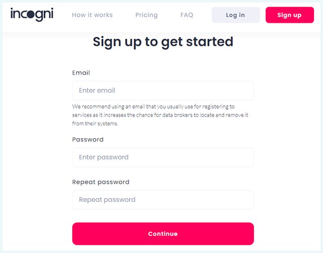 Incogni Sign up page